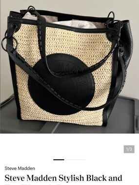 Steve Madden Black and Natural Straw Tote with Circular Accent